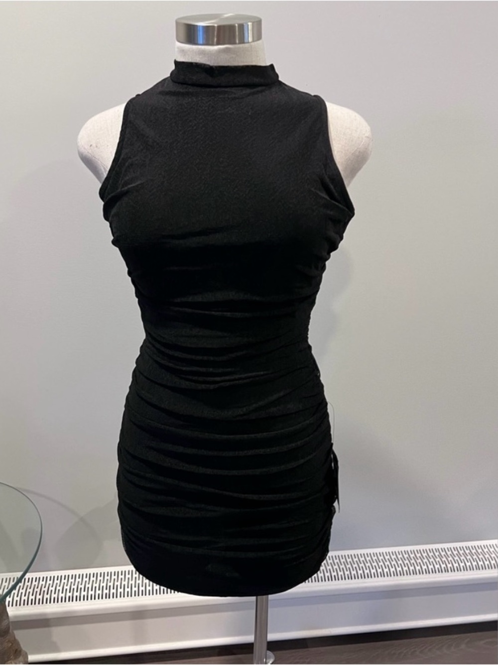 Lulu's Black Sleeveless Mock-Neck Ruched Mini Dress